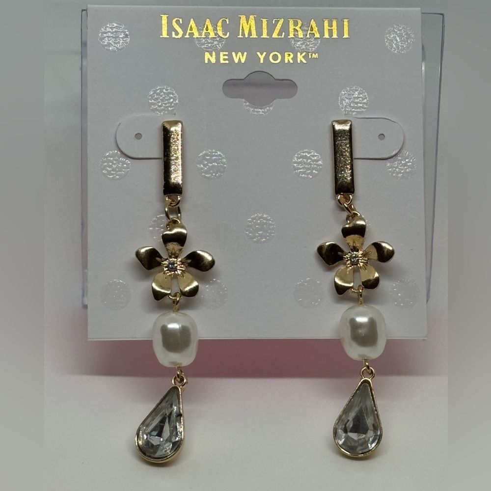 ISAAC MIZRAHI Gold Tone Flower Crystal Dangling Post  Earrings 2.5 inch
